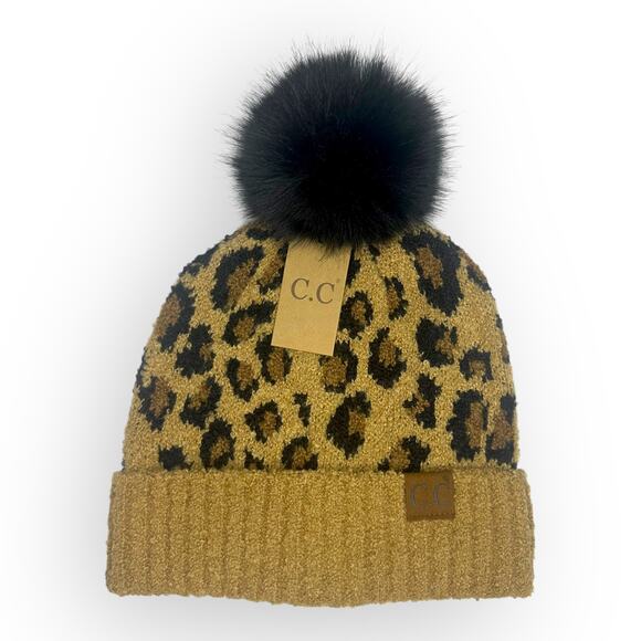 C.C Accessories - C.C Leopard Faux Fur Pom Beanie Adult Size Tan Latte Black Printed Winter Hat
